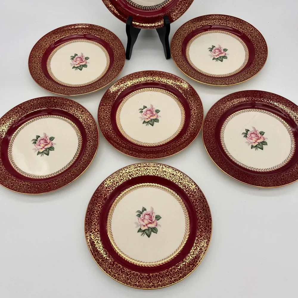 Homer Laughlin Lady Stratford Dessert Plates Set of 7 Maroon Gold Rose 7 1/8